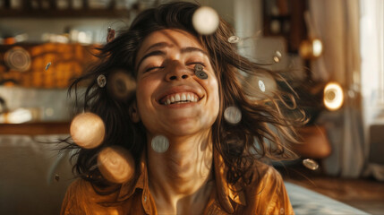 A young happy woman with coins flying around her sits in a room. Rain of coins. Good luck in business or winning the lottery.