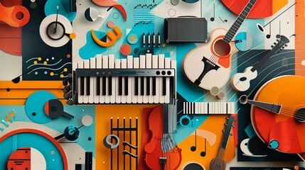 A captivating collage of musical instruments and sound waves for a music brand. Harmonious. Bold and expressive colors.