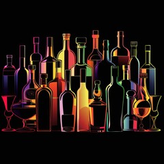 Wine Bottles and Glasses Collection with Silhouette Design
