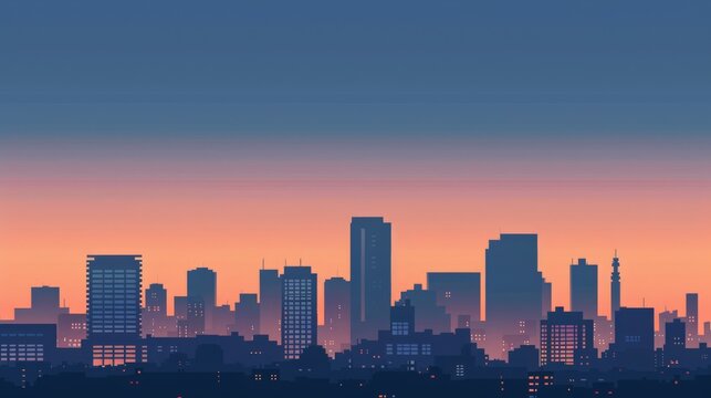 Minimalist city skyline at twilight, simplified shapes and muted tones