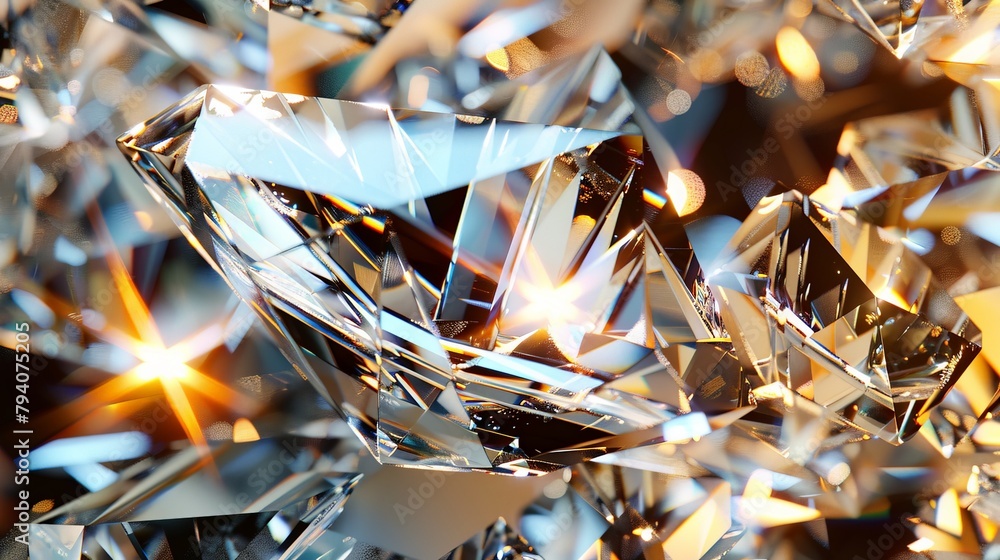 Poster a diamond rendered in a cubist style, with fragmented facets and overlapping planes capturing its fo