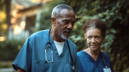 Two african american caregiving nurses man middle aged man and woman talking while walking outside