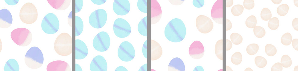 Watercolor set of seamless patterns. Collection of hand drawn pastel Easter eggs