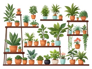 Potted plants and flowers are placed on shelves. - 794075601