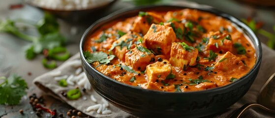 Delicious Paneer Butter Masala with Rice and Laccha Paratha - A Cheese Curry Treat. Concept Paneer Butter Masala, Indian Cuisine, Cheese Curry, Laccha Paratha, Vegetarian Meal
