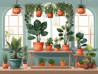 Potted plants and flowers are placed on shelves. - 794075659