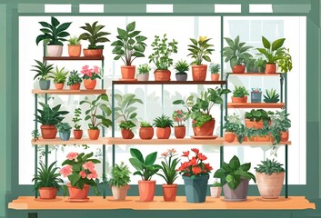 Potted plants and flowers are placed on shelves. - 794075664