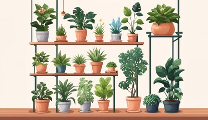 Potted plants and flowers are placed on shelves. - 794075696