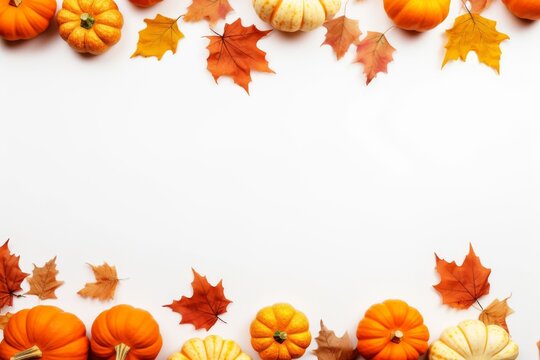 Autumn composition. Dried leaves, pumpkins, flowers, berries on white background. Autumn, fall concept. Flat lay, top view, copy space. High quality photo