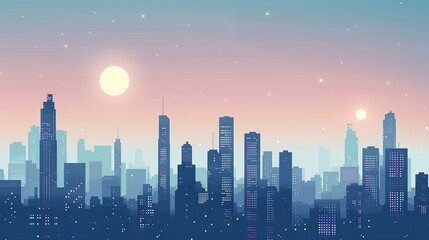 Minimalist city skyline at twilight, simplified shapes and muted tones