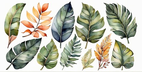 Set of painting watercolor Palm leaf banana leaves - 794076067