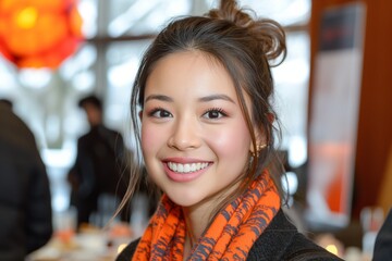 Asian businesswoman with a radiant smile and a vibrant orange scarf - obrazy, fototapety, plakaty
