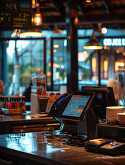 A cash register sits on a counter in a restaurant