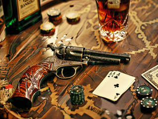 Western poker gambling themed background with a vintage pistol , poker chips and whiskey