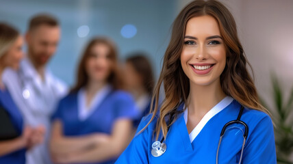 A friendly, young healthcare worker,  female nurse  smiles in a busy hospital environment, radiating positivity and care.
