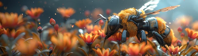 Fotobehang A 3D cartoon of a robotic bee pollinating flowers in a large botanical garden © Parinwat Studio