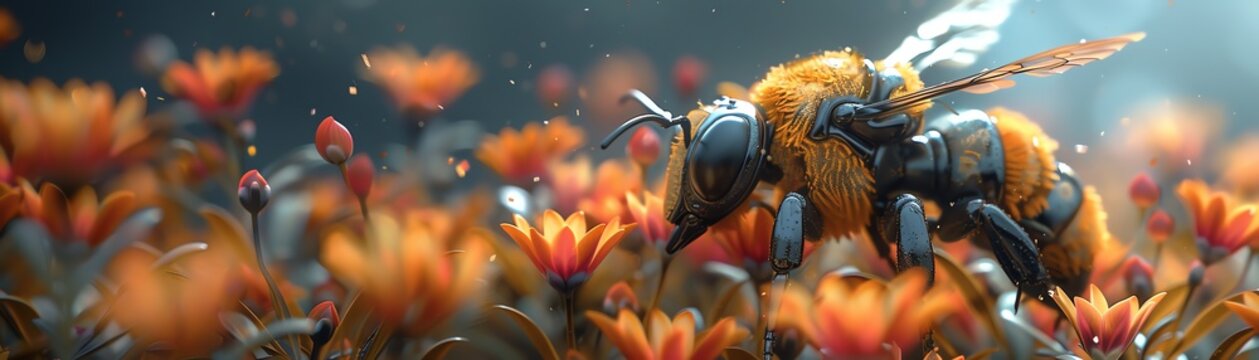A 3D cartoon of a robotic bee pollinating flowers in a large botanical garden