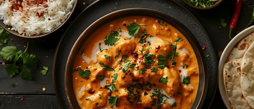 Delicious Indian Cuisine: Chicken Korma, Naan, Roti, and Coconut Milk. Concept Indian Spices, Homemade Meals, Vegetarian Curries, Tandoori Specialties, Flavorful Dishes
