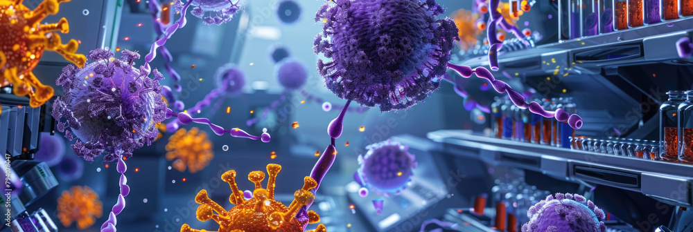 Poster a vivid depiction of various colorful viruses floating in a lab with equipment in the background