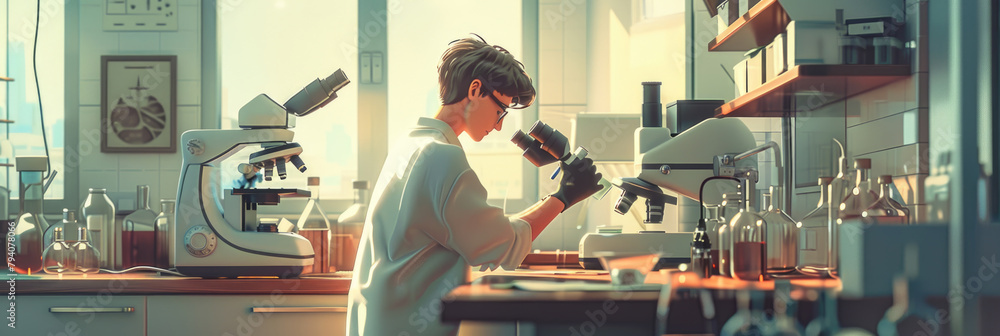 Poster a focused female scientist in a laboratory examining specimens through a microscope