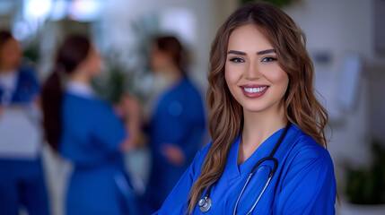 A friendly, young healthcare worker,  female nurse  smiles in a busy hospital environment, radiating positivity and care.
