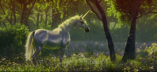 Shimmering mythical white Unicorn - Beautiful illusive horned horse stood calmly in a surreal  glistening lime light amongst trees in the deep forest where humans can't find him 