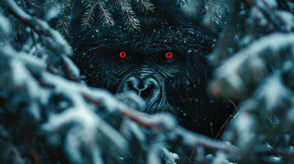 A black gorilla with piercing red eyes hidden among frosty pine branches - obrazy, fototapety, plakaty