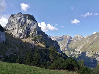 Obraz premium Mountain View in the Swiss Alps, Alpstein, Switzerland, Hiking, clouds and blue sky