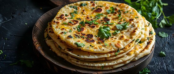 Aloo Paratha: Indian Flatbread Stuffed with Spiced Potatoes. Concept Indian Cuisine, Vegetarian Dish, Stuffed Bread, Spiced Potatoes, Breakfast Option - obrazy, fototapety, plakaty