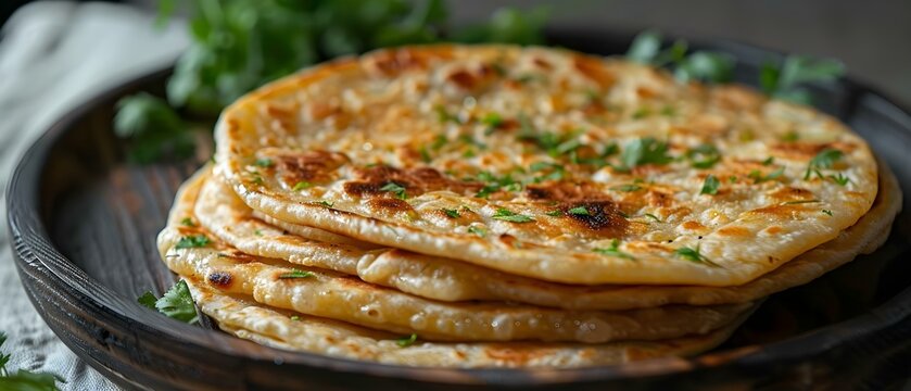 Photo of aloo paratha on a plain white surface. Concept Food Photography, Indian Cuisine, Aloo Paratha, White Background, Culinary Art