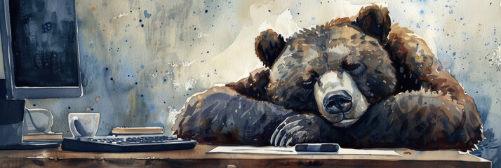 A realistic painting of a bear with its head resting on a desk, capturing a moment of quiet contemplation