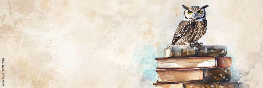 Poster an owl is sitting on top of a tall stack of books, looking around with its sharp eyes. the books are