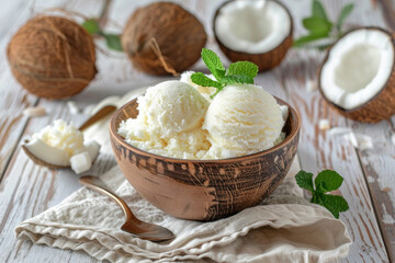 Delicious Bowl of Coconut Ice Cream on a Wooden Table