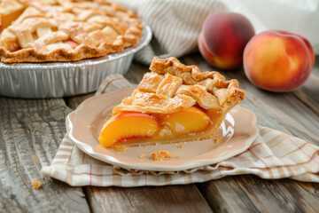 Delicious Plate of Peach Pie on a Wooden Table