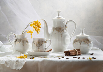 Modern still life with a coffee set and a spring mimosa branch on a light background
