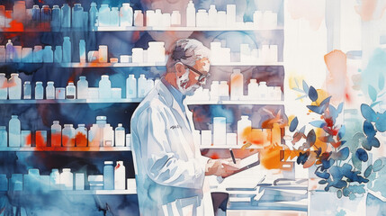 A realistic painting featuring a man in a white lab coat working behind the counter in a pharmacy, arranging shelves of medications and assisting customers