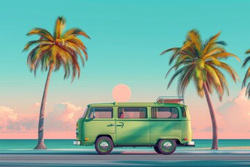 Green minibus on the road. Blue sky without clouds. Palm trees andsummer mood. Pink sun on the sky