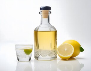 Bottle of Tequila with lemons in a minimalist background