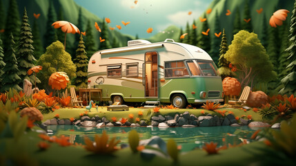 3d illustration render A modern recreational vehicle (RV) parked in a scenic campsite surrounded by nature. - 794079826