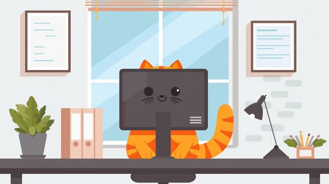 A fat red striped happy cat is sitting at an office desk in front of a computer. The concept of a sedentary lifestyle in the workplace.