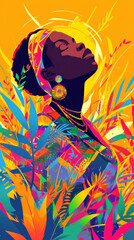 Vibrant Woman with Colorful Hair Surrounded by Plants on Yellow Background Illustration - obrazy, fototapety, plakaty