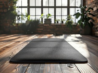 A sleek, minimalist yoga mat placed on a wooden floor with soft natural lighting.