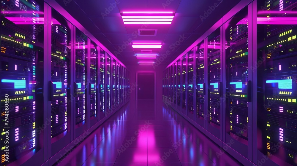 Aufkleber server room with rows of network equipment and glowing led lights 3d rendering