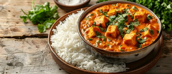 Delicious Meal: Paneer Butter Masala with Rice and Laccha Paratha. Concept Indian cuisine, Paneer Butter Masala, Rice, Laccha Paratha, Delicious meal