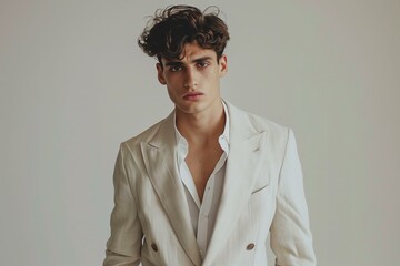 Young man in a casual chic outfit featuring a pastel linen blazer, capturing the trend of soft tailoring, posed against a clean, light gray studio background, embodying relaxed elegance - obrazy, fototapety, plakaty
