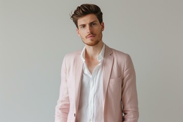 Young man in a casual chic outfit featuring a pastel linen blazer, capturing the trend of soft tailoring, posed against a clean, light gray studio background, embodying relaxed elegance - obrazy, fototapety, plakaty