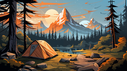 flat illustration of traveling and vacation concept. forest camp. advanturous trip. - 794080630