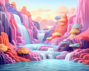 3d illustration of pastel whimsical waterfall landcape scenic. - 794080683