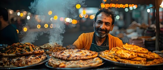 Man selling Indian street food paratha chhola kulcha at roadside stall. Concept Street Food Vendor, Indian Cuisine, Roadside Stall, Paratha Chhola Kulcha, Culinary Experience - obrazy, fototapety, plakaty
