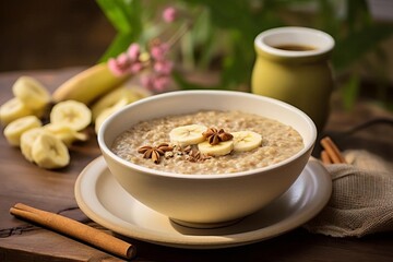 Comforting and hearty oatmeal with banana, prepared in a kitchen with a beautifully blurred background for a homely vibe